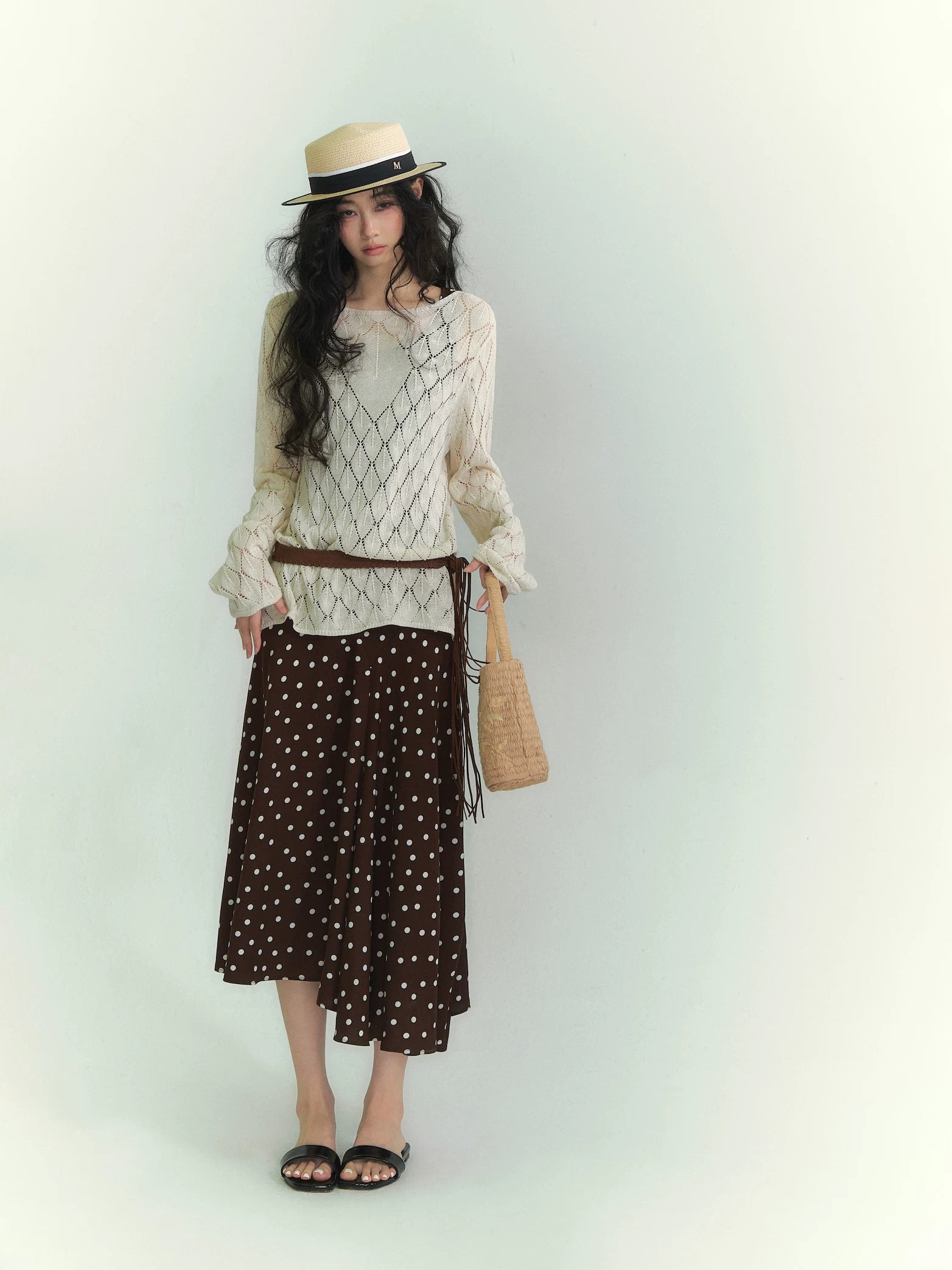 Openwork Diamond-Knit Washi Yarn Long-Sleeve Top