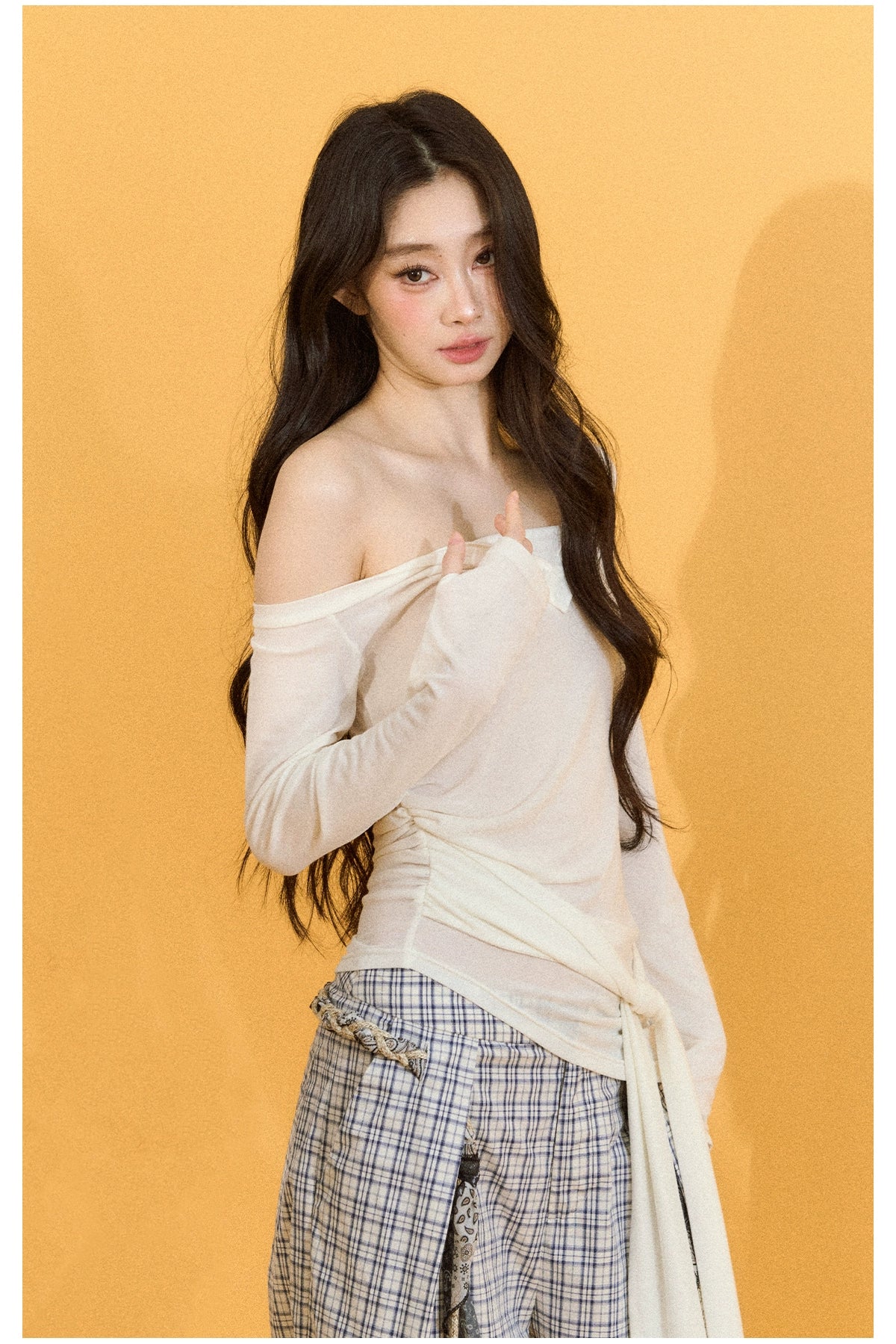 Asymmetric Shoulder Cross-Tie Knit T-Shirt