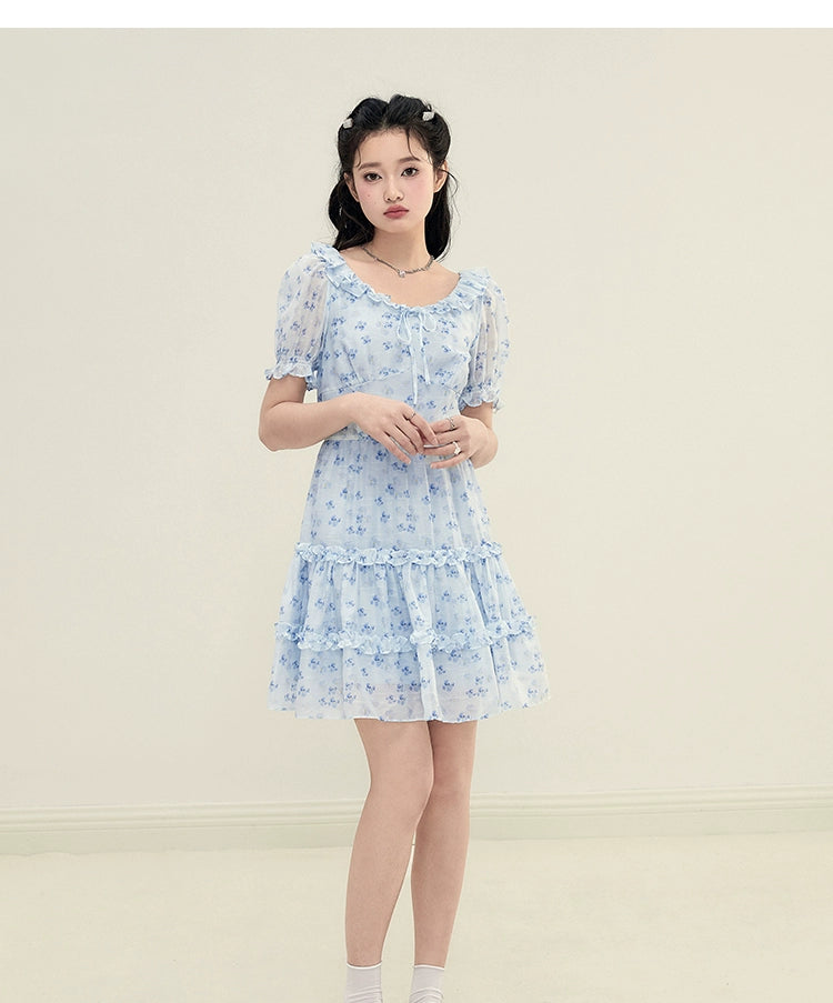 Blue Floral U-neck Dress