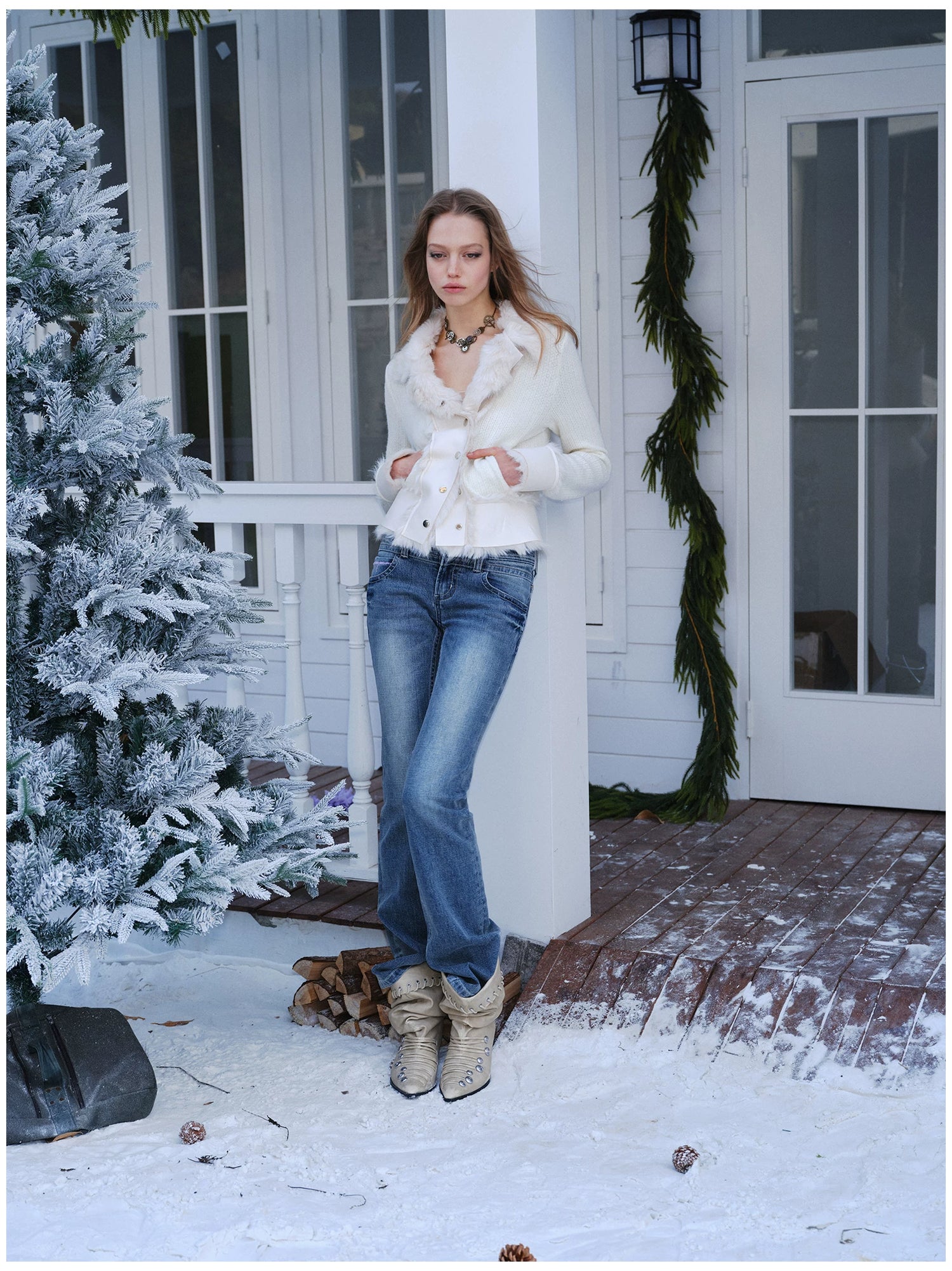 Knit Panel Faux Fur Cardigan Jacket