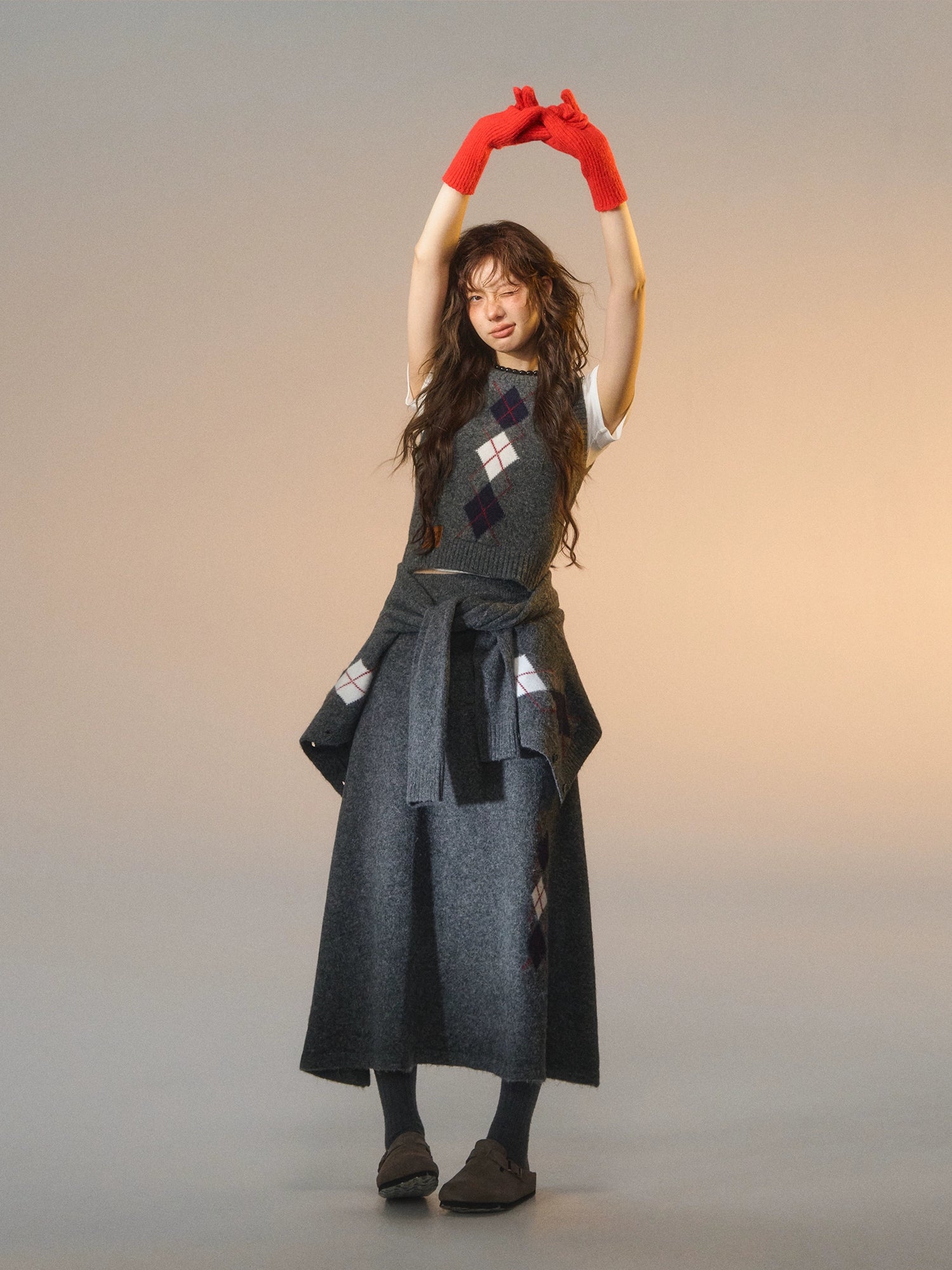 Floral Diamond Knit Vest / Cardigan / Skirt Set