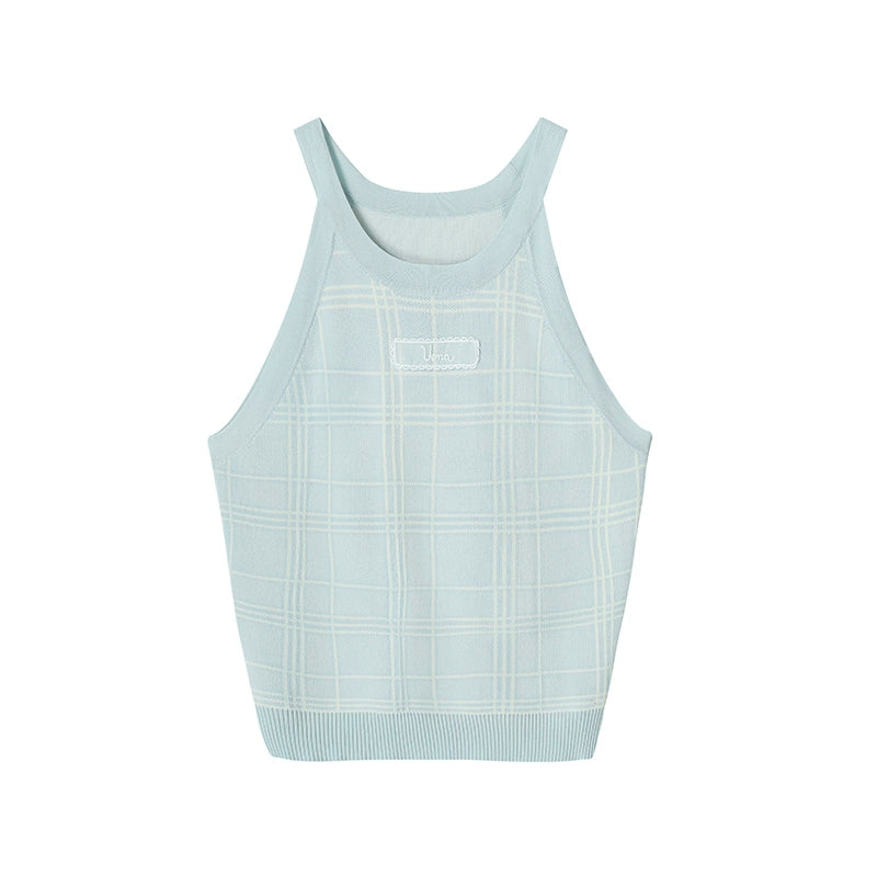 Light Green Gingham Mesh Halterneck Vest