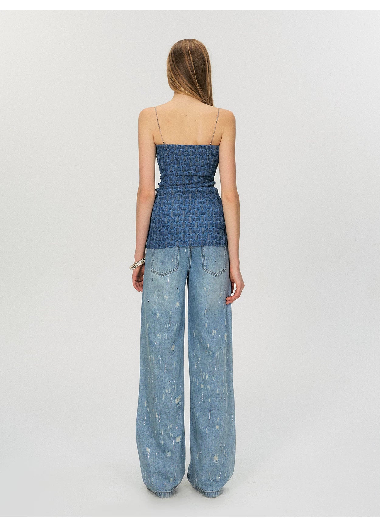 Vintage Washed Blue Rhinestone Embellished Straight-Leg Denim Trousers