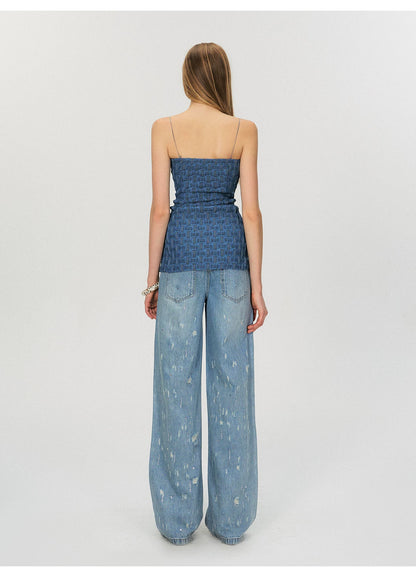 Vintage Washed Blue Rhinestone Embellished Straight-Leg Denim Trousers