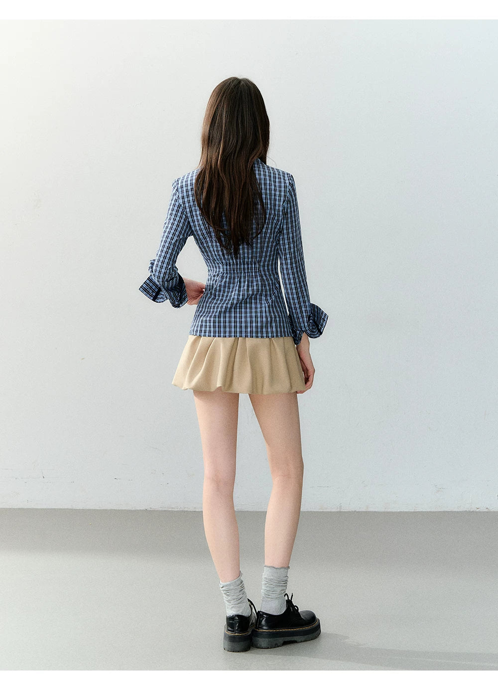 Wrapped V-Neck Plaid Shirt