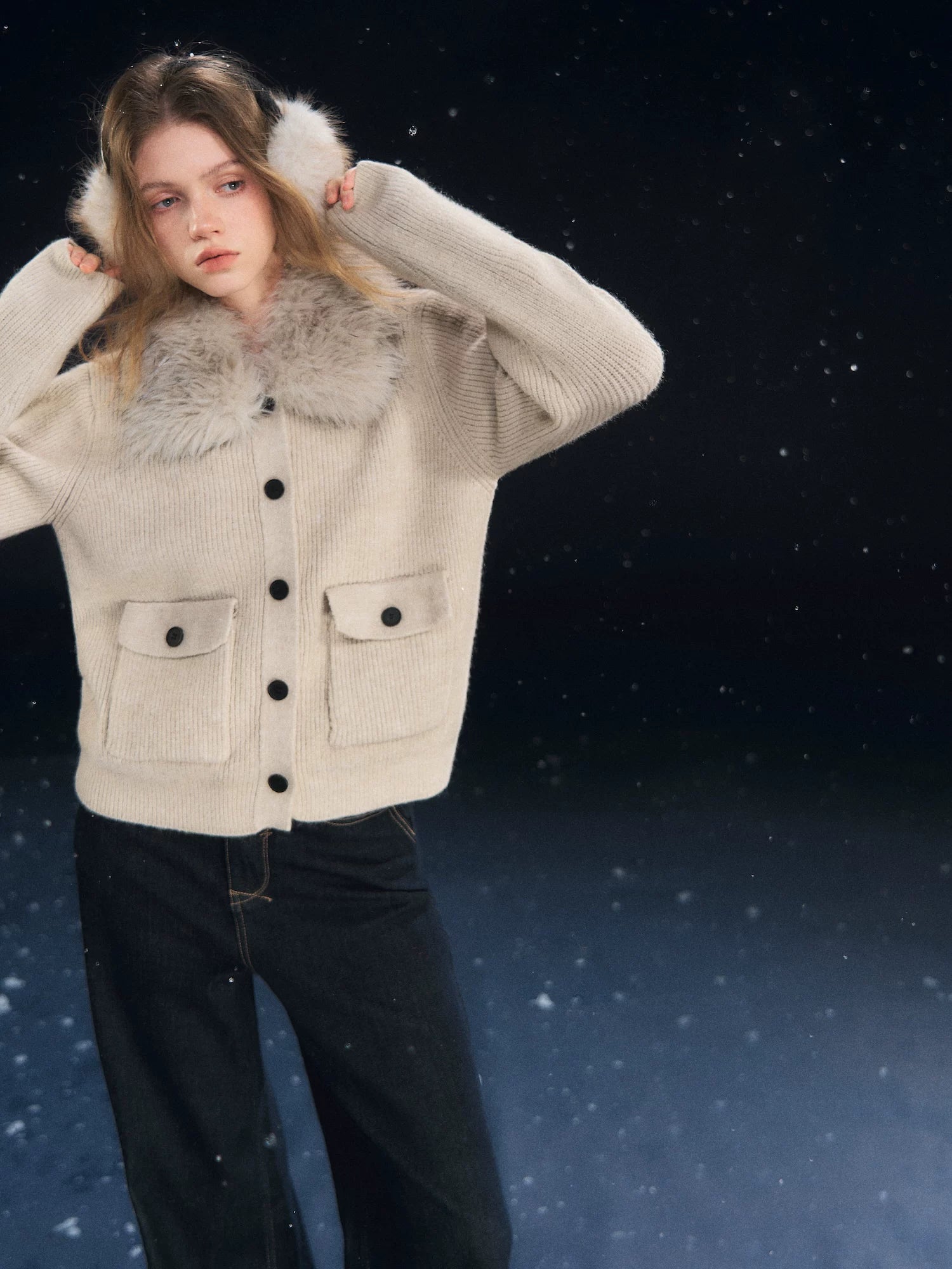 Detachable Fur Collar Ribbed Cardigan