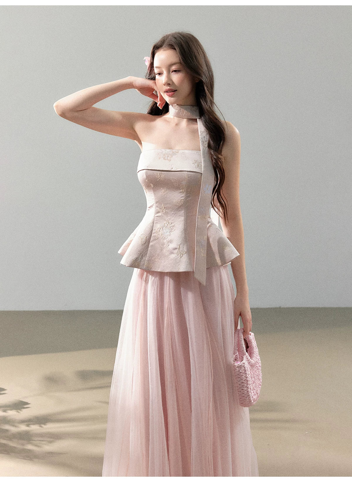 Floral Jacquard Corset Top &amp; Sheer Mesh Skirt Set