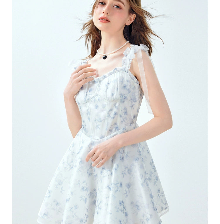 Blue Floral Ruffle Strap Dress