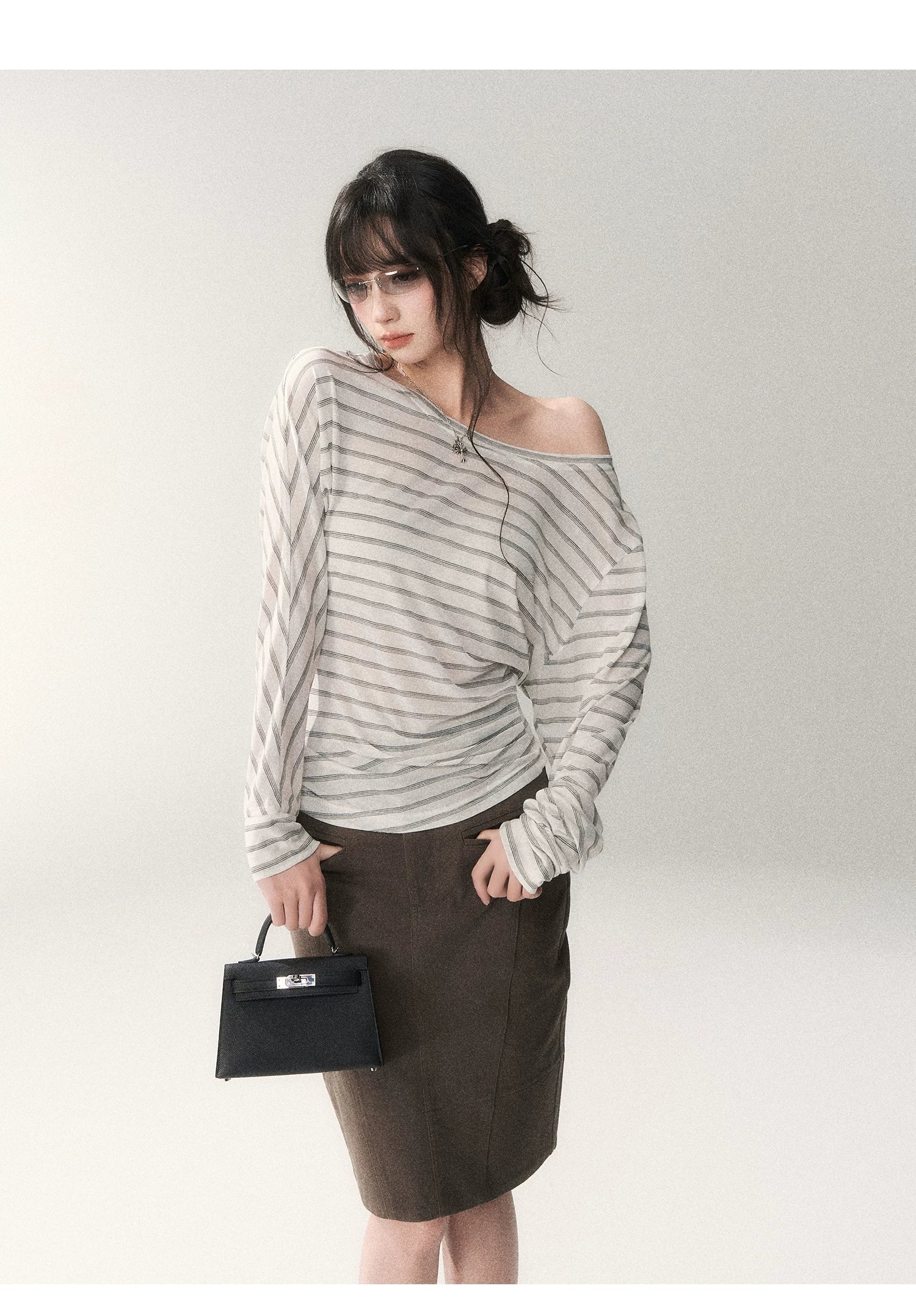 Asymmetric Off-Shoulder Striped Tencel Slim-Fit Long Sleeve Top