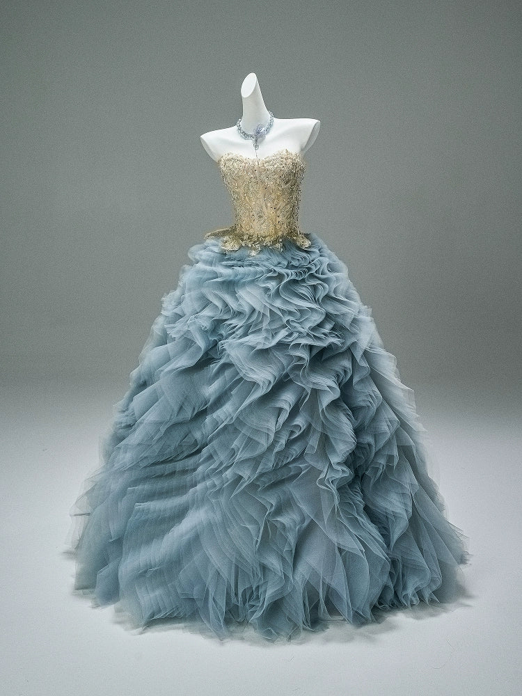 Blue Tears Ruffled Tulle Gown with Embellished Bodice