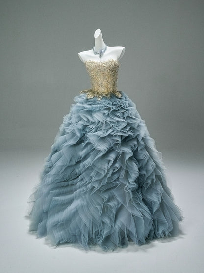 Blue Tears Ruffled Tulle Gown with Embellished Bodice