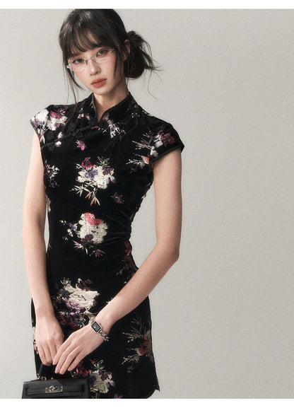 Gilded Velvet Floral Cheongsam Dress