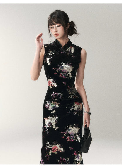Gilded Velvet Floral Cheongsam Dress