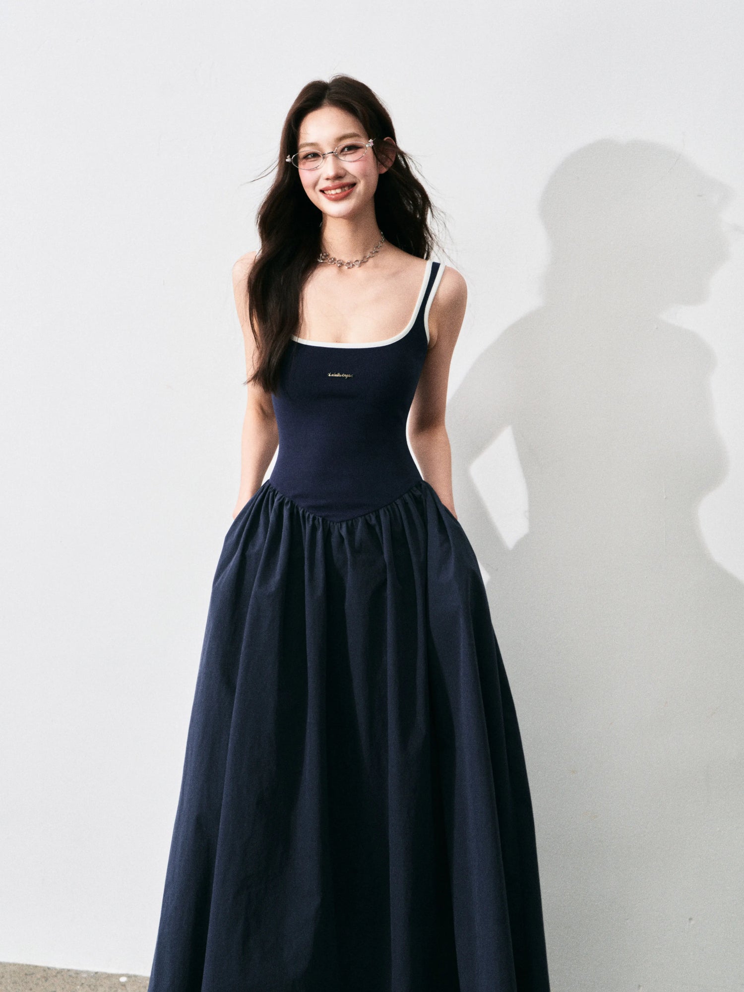 Contrast-Trim Backless Slip Maxi Dress