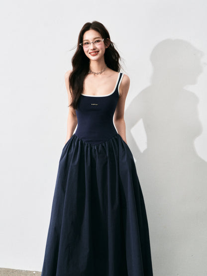 Contrast-Trim Backless Slip Maxi Dress