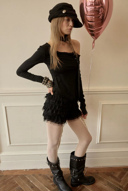 Asymmetric Henley Lace Trim Long Sleeve Top