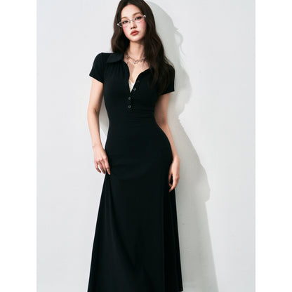 Half-Placket Polo Collar Knit Maxi Dress