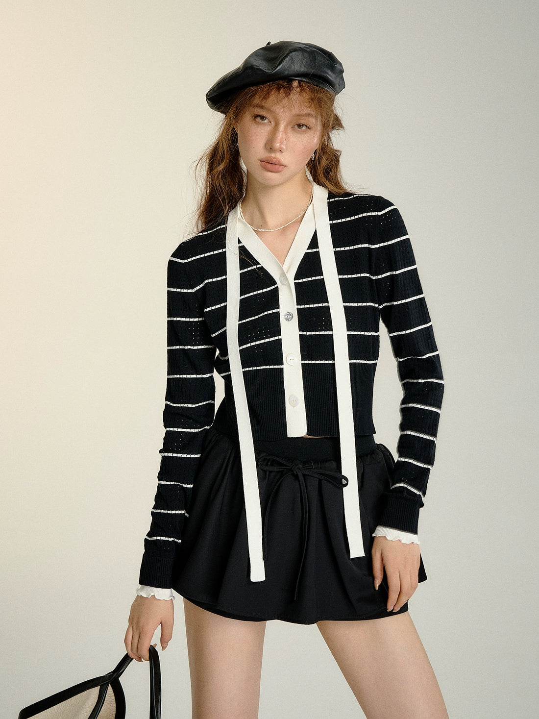 Black &amp; White Striped Ribbon Detail Cardigan