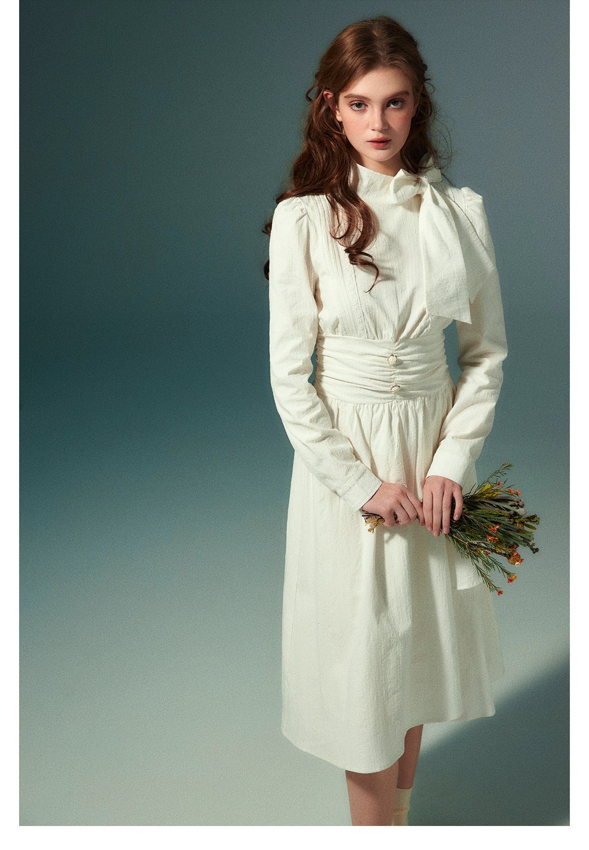 White Bow Striped Texture Dress - CHINASQUAD