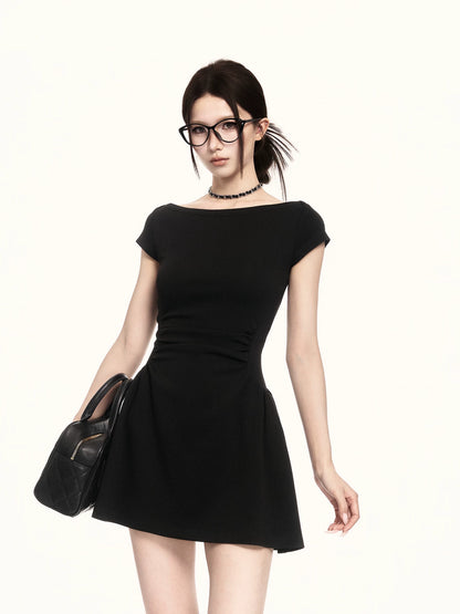 Sculpted Boat-Neck Waist-Defined Mini Dress