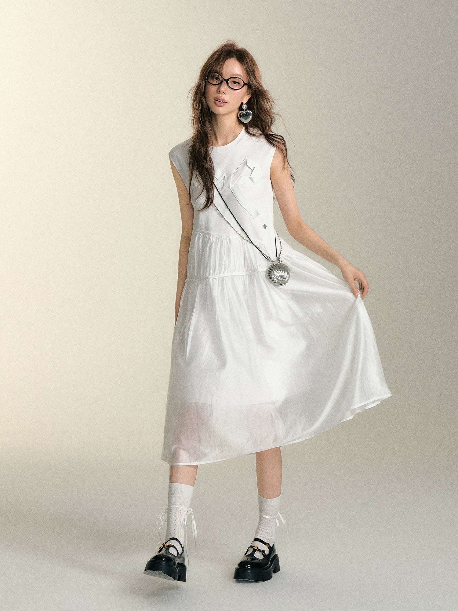 White Butterfly Bow Flying Sleeve Dress