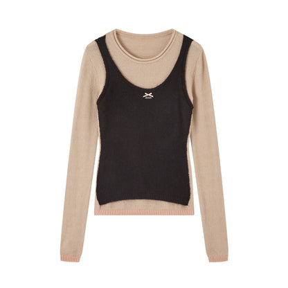 Contrast-Layered Long-Sleeve Knit Turtleneck