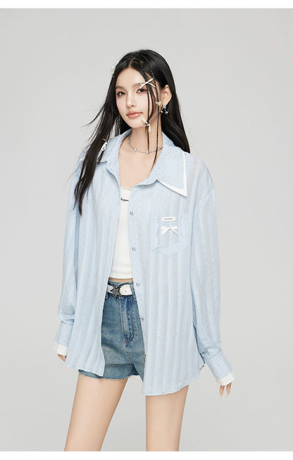 Blue Bow Decor Contrast Collar Shirt - CHINASQUAD