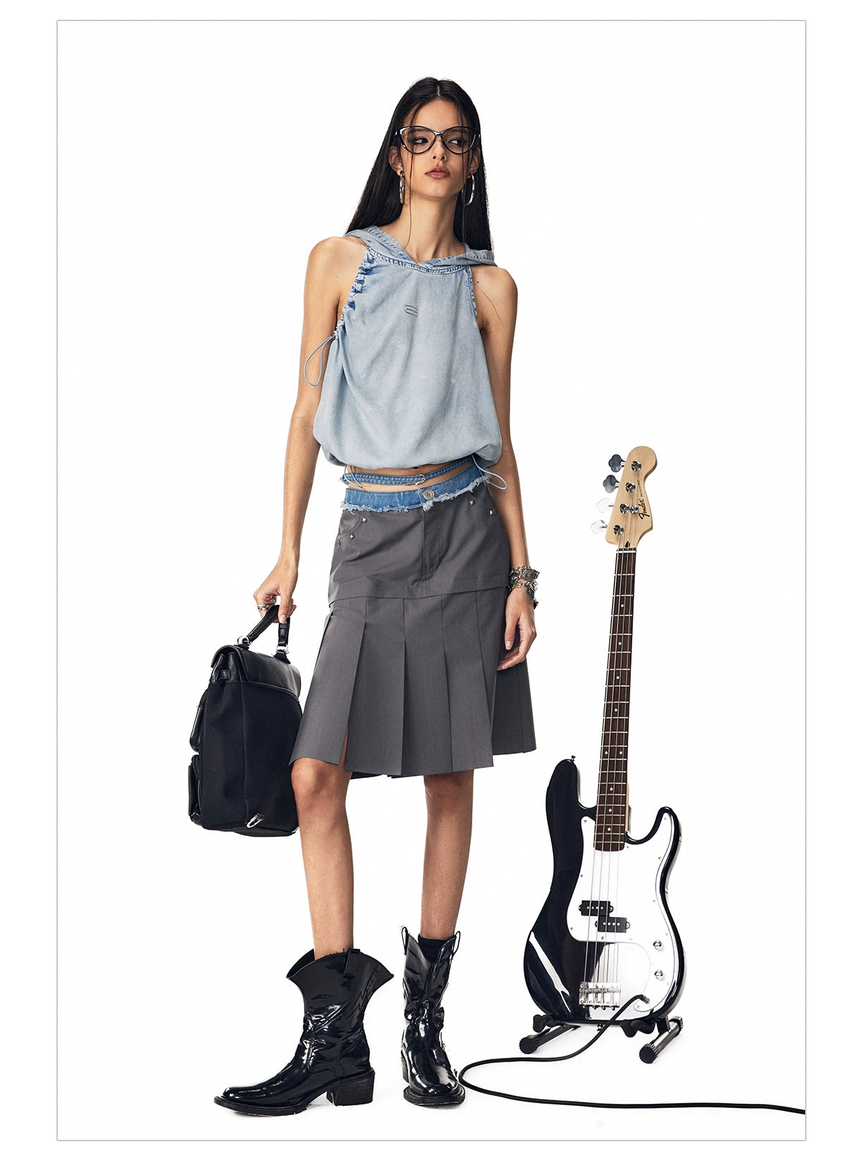 Blue Denim Pleated Skirt - CHINASQUAD