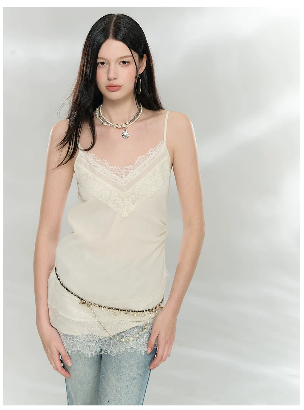 Lace-Trim V-Neck Chiffon Camisole