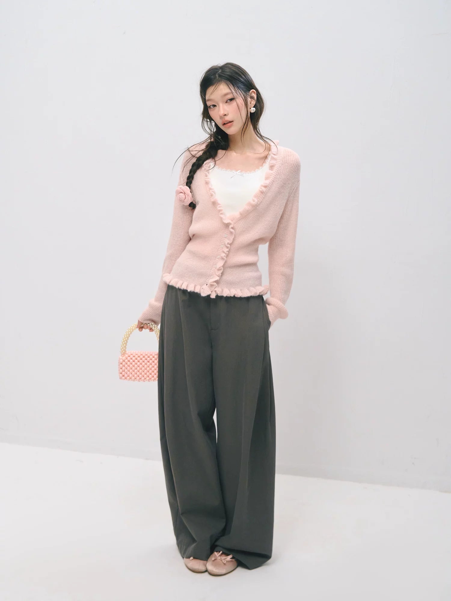 Deep V-Neck Ruffle Waist Cardigan