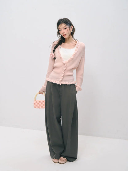 Deep V-Neck Ruffle Waist Cardigan