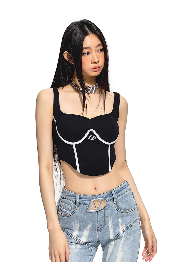 Black &amp; Brown Square-neck Wide Strap Tank Top - CHINASQUAD