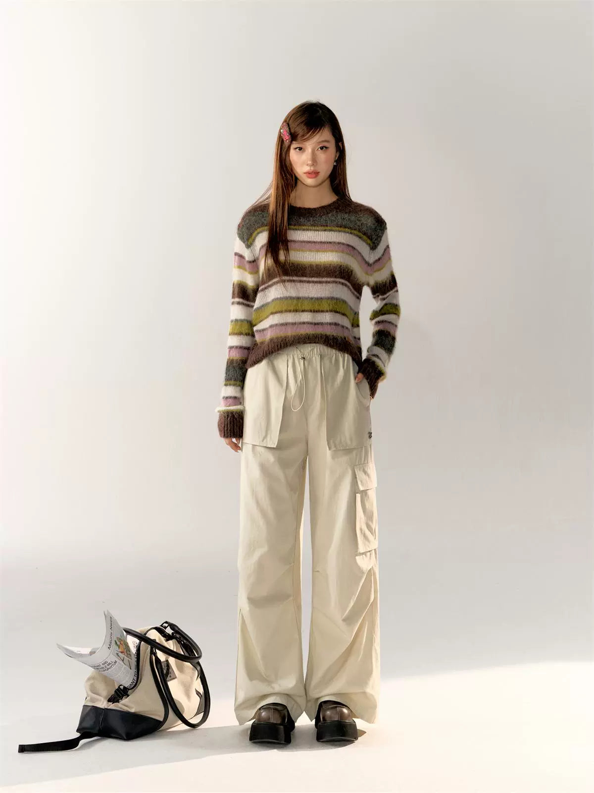 Color-Block Crew Neck Striped Knit Sweater