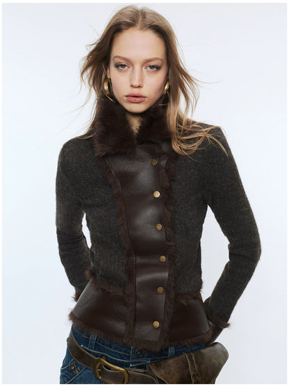 Knit Panel Faux Fur Cardigan Jacket