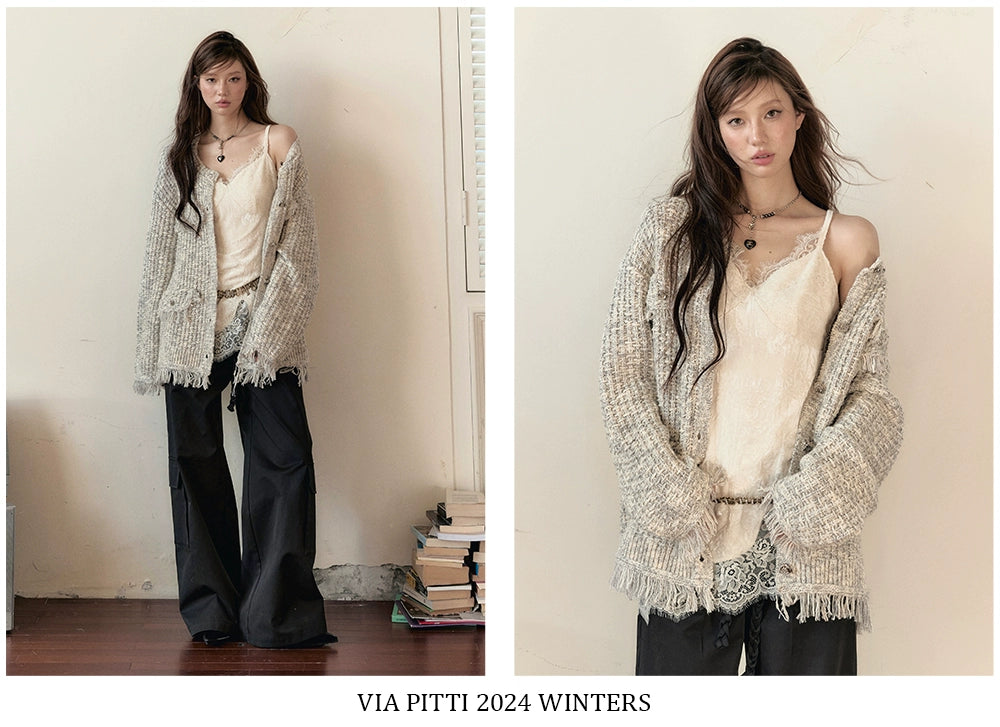 Frayed Edges Wool Mid-Length Knit Cardigan