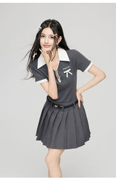 Black & Gray Contrast Polo Collar Mini Dress - CHINASQUAD