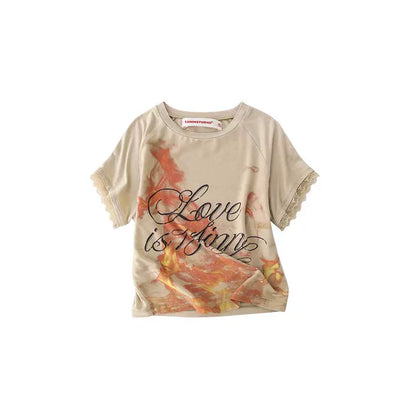 Letter Print Lace Trim T-shirt