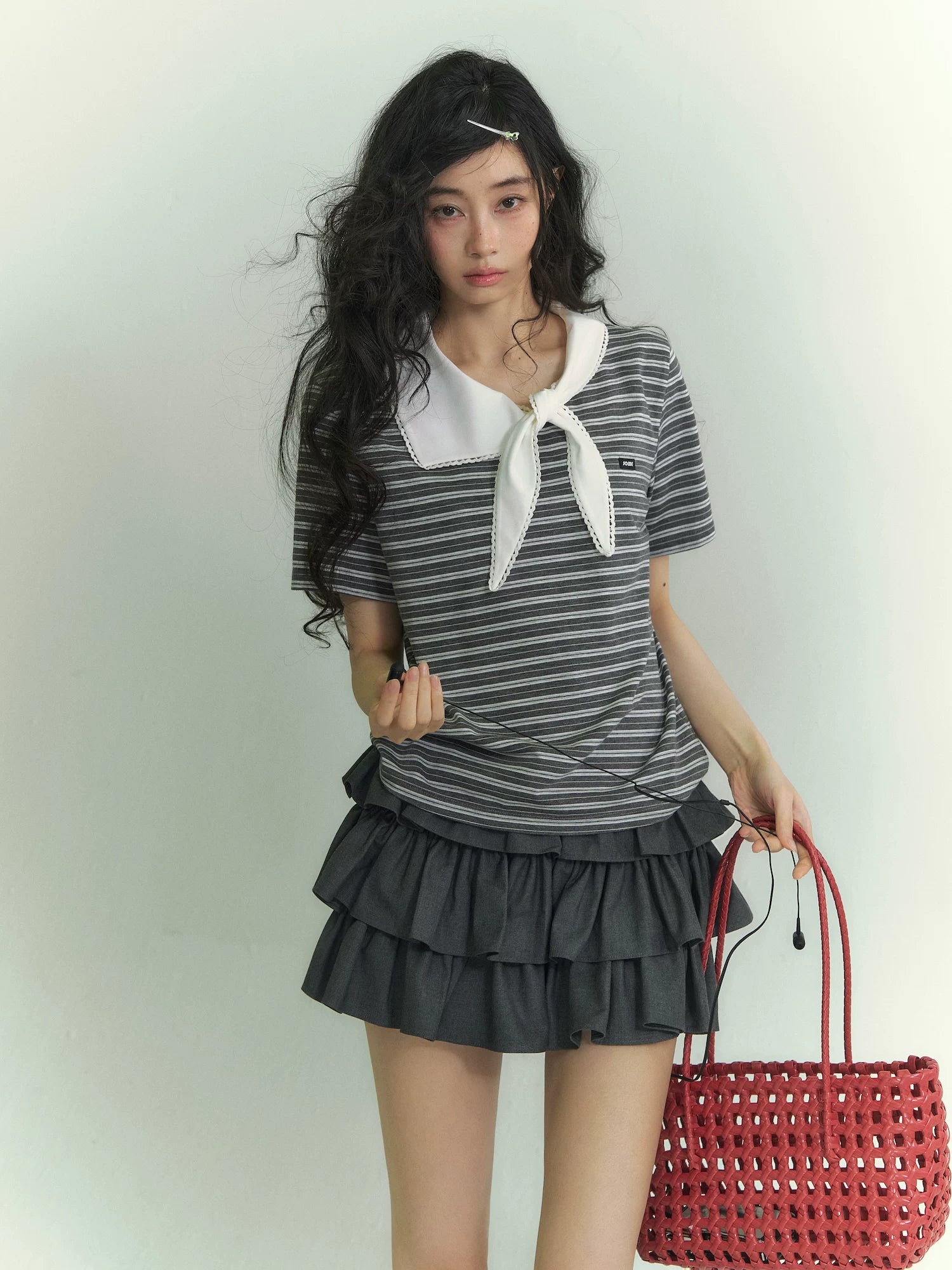 Tie-Neck Sailor Collar Striped Short Sleeve T-Shirt