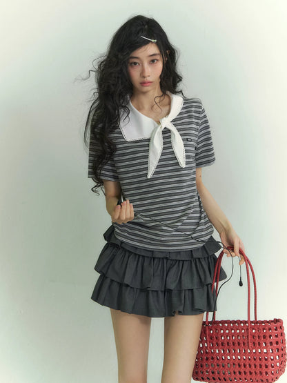Tie-Neck Sailor Collar Striped Short Sleeve T-Shirt