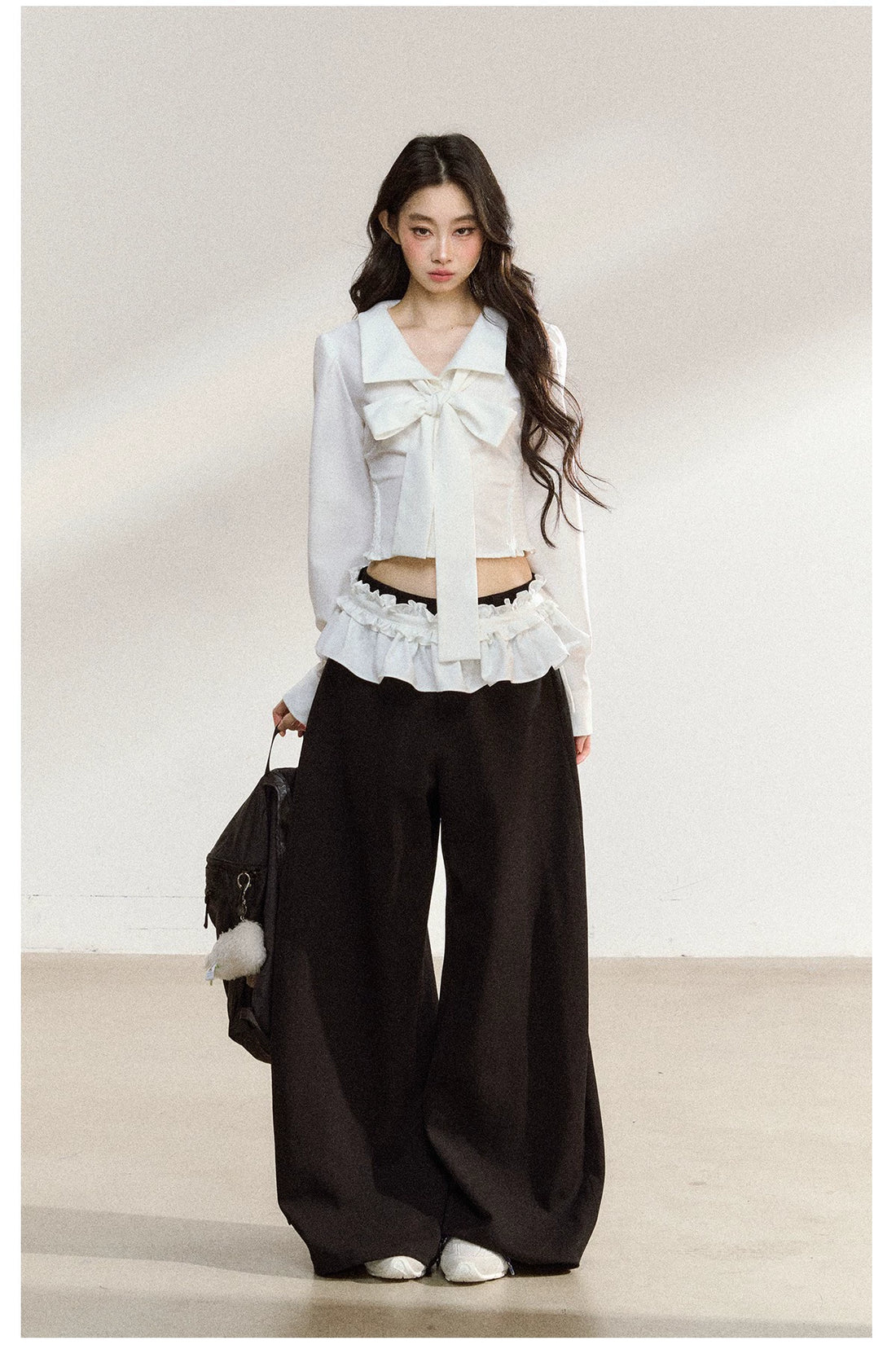 Butterfly Bow White Blouse &amp; Lace-Trim Straight Pants Set