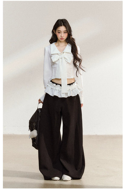 Butterfly Bow White Blouse &amp; Lace-Trim Straight Pants Set