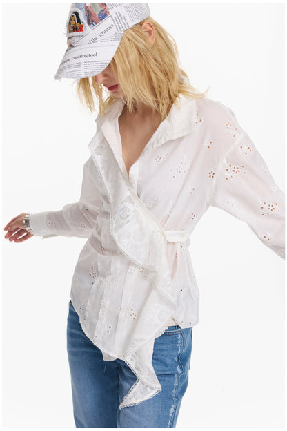 Embroidered Plaid Ruffle-Edge Shirt
