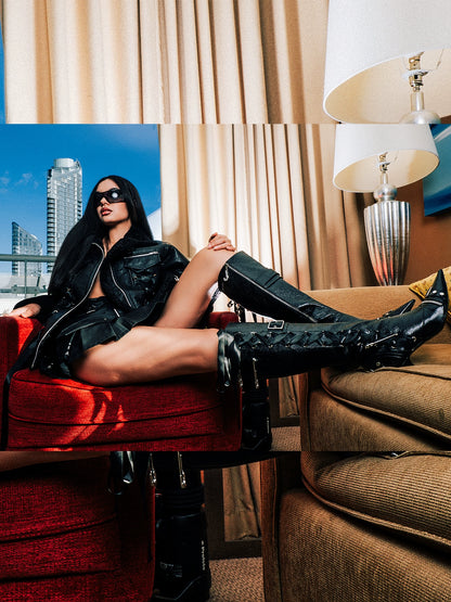 Cracked Leather High-Heel Tall Boots