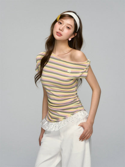Striped Lace-Spliced Asymmetric-Shoulder T-shirt