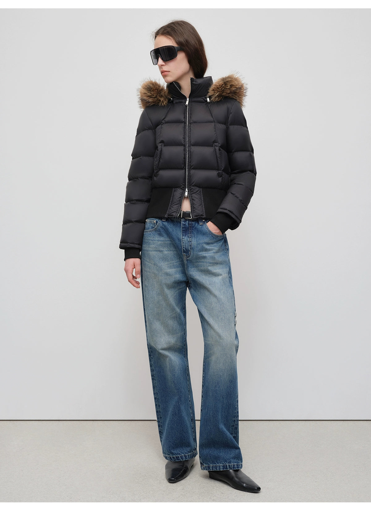 90% White Duck Fur Collar Cropped Down Jacket