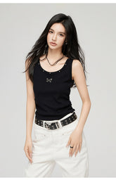 White & Black Butterfly Printed U-neck Tank Top - CHINASQUAD