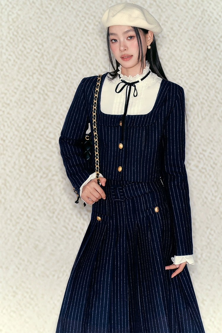 Contrast Color Lace Collar Shirt &amp; Midi Skirt Set - CHINASQUAD