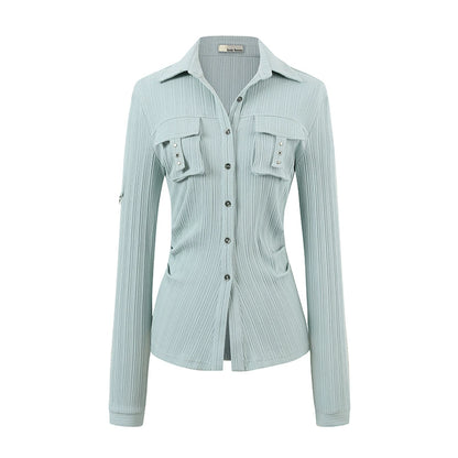 Striped Rivet 3D Pocket Fitted Shirt