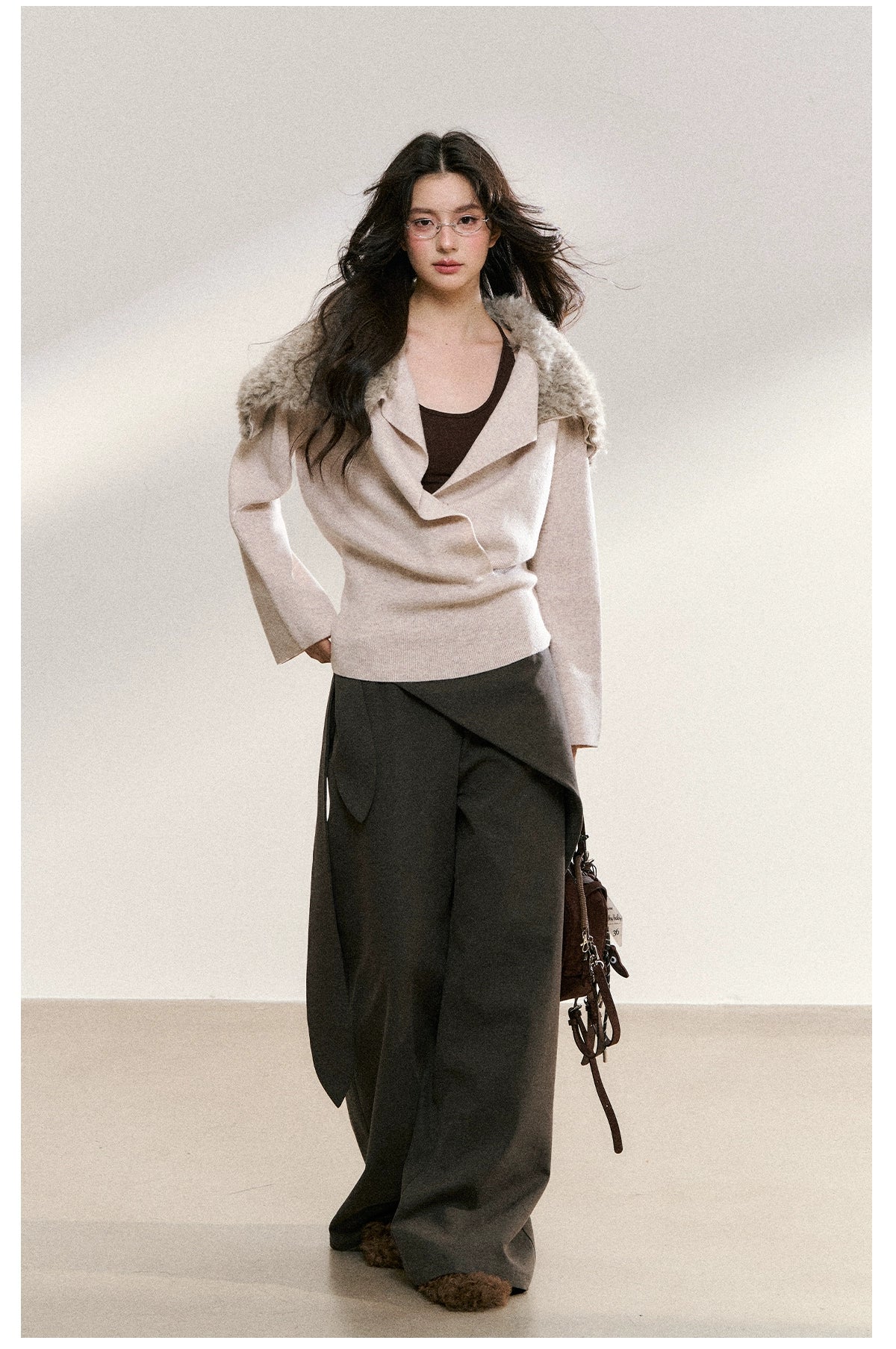 Faux Fur Collar Wrap Knit Cardigan