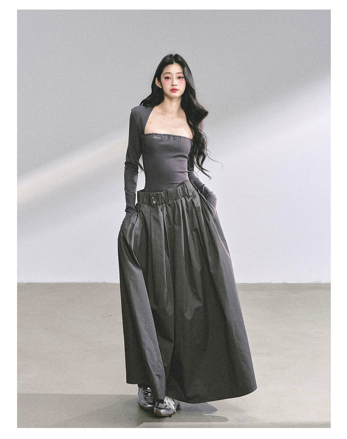 French Relaxed Long Sleeve Maxi Dress
